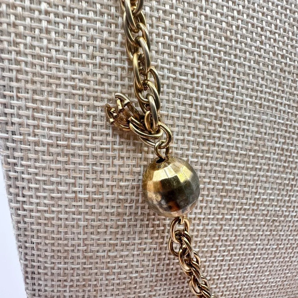 Vintage 80s Gold Tone Ball Bead‎ Station Necklace Rope Chain Statement Jewelry
